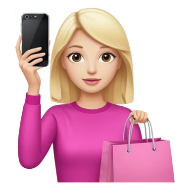 Blond influencer taking selfie with an iphone with one hand and a pink shopping bag in the other hand sticker