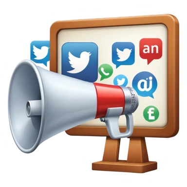 An icon featuring a megaphone, a billboard, and social media icons, symbolizing advertising and public relations. The design includes a press release and a rising graph, representing brand promotion and communication strategies. Transparent background highlights media influence and outreach. sticker