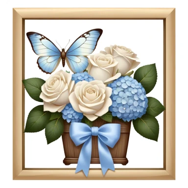 An antique wooden windowsill adorned with an elegant arrangement of white roses and soft blue hydrangeas. A silk bow in muted beige is loosely tied around the bouquet, while a translucent butterfly with pearlescent wings delicately lands on the petals. sticker
