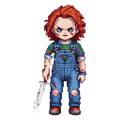 Chucky doll from Child's Play horror movie with red hair, scarred face, blue overalls and a knife sticker