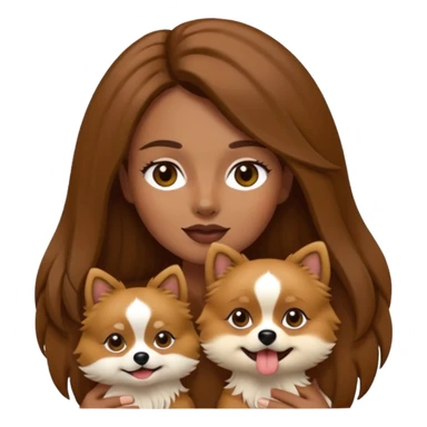 Create an emoji-style illustration of a woman with long brown hair holding one Pomeranian dog. The dog has a black face with a white stripe running down the middle of its nose and mouth. sticker