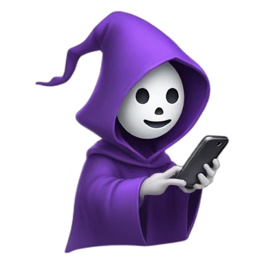 mage floating like a ghost in a purple hood holding smartphone with dark face smiling sticker