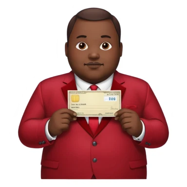 fat guy bold head in dark red velvet suit holding cheque sticker
