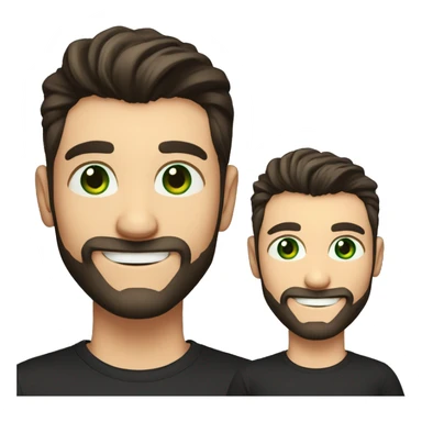 Handsome man with dark hair, gradient short hair on the side, green eyes. Big smile and thin face. Black t-shirt. A little beard, pointing to the right sticker