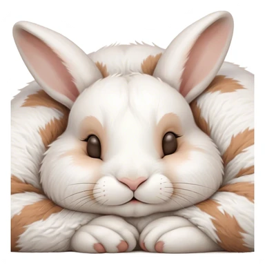 Meme-Worthy Cute Sleeping White and Brown Rabbit Portrait Emoji, Head resting peacefully with a contented smile, showcasing a delightfully balanced build and a luxuriously soft patterned fur of white and brown, eyes shut in a serene nap, Simplified yet hilariously adorable features, highly detailed, glowing with a soft, drowsy light, high shine, relaxed and utterly lovable, stylized with an air of playful laziness, bright and heartwarming, soft glowing outline, capturing the essence of a comically sleepy bunny, so meme-worthy it feels like it could instantly become the next viral sensation of adorable slumber! sticker