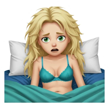Blonde baddie with very long messi hair blue-green eyes  and lay in a big bed in underwear sie hat Todesangst und guckt schmerzhaft und erschrocken ihr Bauch ist dick und ihre Unterhose blutet  sticker