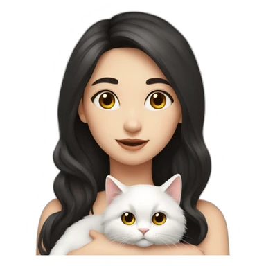 A girl with long dark hair and a white fluffy cat is lying on her left shoulder and neck sticker