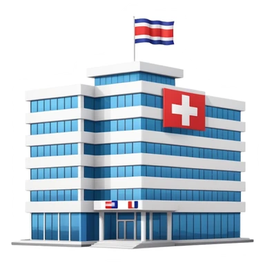 Hospital building with Thai flag waving, red cross medical symbol, Thailand flag with red white blue stripes sticker