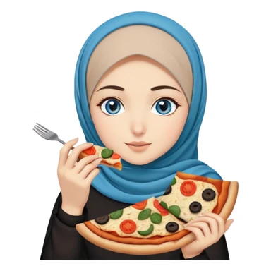 Turkish beautiful finish Konya girl blue eyes with beige and black hijab islamic dress and eating with her hand a slice of vegetable pizza  sticker