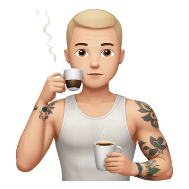 a white short guy wearing a white tank top with a buzz cut drinking a cup of coffee, hes got tattoos on his arms sticker