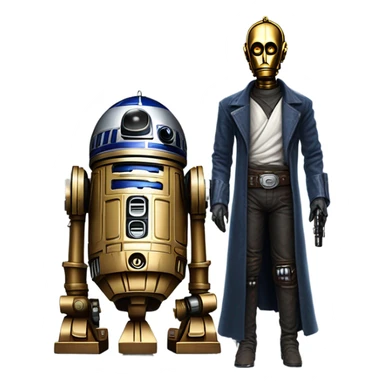 tarnished undercover tough well-equipped Jedi  life-sized darkblue-pearl C3po as a friendly droid wearing a leather clothing old west duster coat holding light saber  sticker