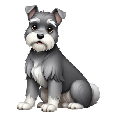 cinematic-[schnauzer]-realistic-full-body-sitting-emoji,-tail-resting-loosely-beside-its-paws,-head-tilted-dramatically, -sleek-[grey and white]-fur,-simplified-yet-realistic-focused-features,-highly-detailed,-glowing-with-an-almost-sarcastic-glow sticker