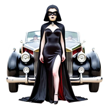 Wednesday Adam’s Blood stained Satanic Darth Vader black Bare bones (channeled cowl) drag racing and speed record modified (fenders removed) chopped streamlined sporty roadster that is a (stripped down) hot street rodded engine sports car 1952 Rolls Royce Woody futuristic  wide racing wheels sticker