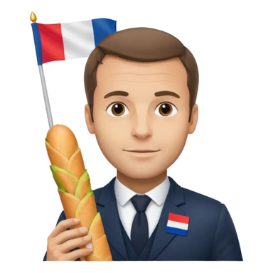 Macron avec une baguette et un drapeau français derrière lui sticker