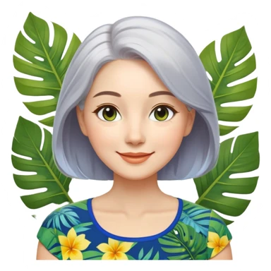 A woman with light complexion, oval face with soft rounded features, full cheeks, gentle almond-shaped eyes with subtle smile lines, silver-gray hair parted to the side, wearing a vibrant short-sleeved blouse with tropical leaf print in blue, green, and yellow, exuding warmth and joy. sticker