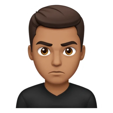 masculine white guy with brown characteristics (french crop) as hairstyle short hair brown eyes and thick eyebrows with a slit in the eyebrows. wearing a black shirt and having slightly angry expression but at the same time taking it as love  sticker