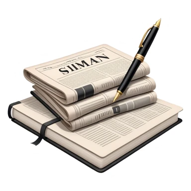 Create an emoji representing journalism and publicistic writing. The design should feature a stack of newspapers, an open notebook, and a single classic fountain pen placed on top of the notebook, symbolizing the act of writing. The scene should convey a sense of professionalism and thoughtful analysis. Use a neutral and professional color palette, with black, white, and muted tones. Do not include any emojis or smiley faces. Make the background transparent. sticker