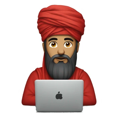 A caliph with turban and red clothes writing in a laptop sticker