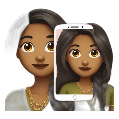A brown girl in her teens taking a mirror selfie and holding her phone looking into the camera in an olive green kurta and wearing a gold chain and long black straight hair with hair open  sticker