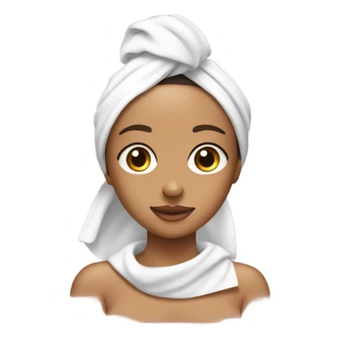 Tan girl with towel on her head and two front peices hanging out with a skincare mask on her face sticker