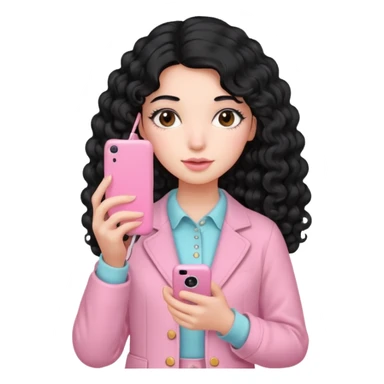 Girl with long curly black hair and vintage pastel pink clothing Holding a pink cell phone sticker