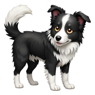 cinematic-[border collie dog]-realistic-full-body-sitting-emoji,-tail-resting-loosely-beside-its-paws,-head-tilted-dramatically,-scruffy-[black and white]-fur,-simplified-yet-realistic-focused-features,-highly-detailed,-glowing-with-an-almost-sarcastic-glow sticker