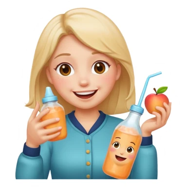 smiling emoji with blushing cheeks, cute begging face, holding a bottle labeled 'Syx Peach Ice', laughing, apple emoji style sticker