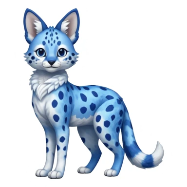 realistic, furry, big-eyed Cobalt-blue, sapphire-blue-spotted, white-pointed, exotic Serval-sergal-Trico-fusion-animal-hybrid, full body, with a gradient sky-blue fur coat sticker