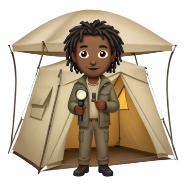 dark skinned black man with short dreads standing over a tent aiming his flashlight at the tent with an evil smile on his face sticker
