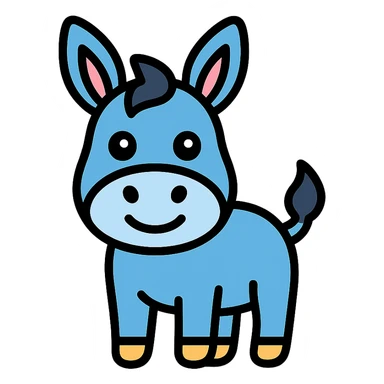 cute blue donkey with big eyes and friendly smile, simple flat design sticker