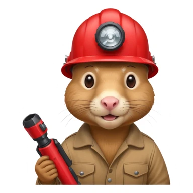 a mole rat with drill, red helmet, headlamp sticker