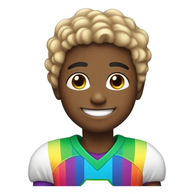 smiling boy with earrings wearing rainbow football jersey sticker