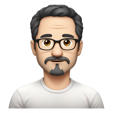 masterpiece, anime style, chibi, illustrated logo, medium short shot, emote for twitch of a 46 year old man, oval face, black hair, wrinkles on forehead, brown eyes, white skin, inky shirt, short hair, glasses
 sticker