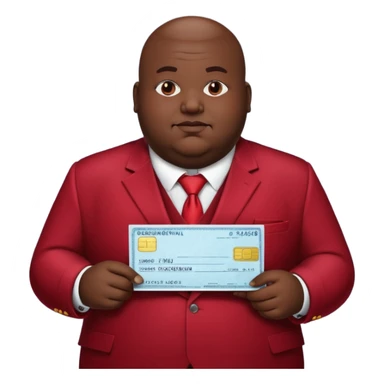 fat guy bold head in dark red velvet suit holding cheque sticker