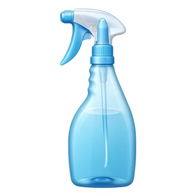 transparent plastic spray bottle filled with light blue liquid, clean trigger top, ergonomic shape, soft curves, slight shine, clarity and freshness, no label, no cloth, no window, closed spray bottle, soft lighting, subtle shadows, emoji scale sticker