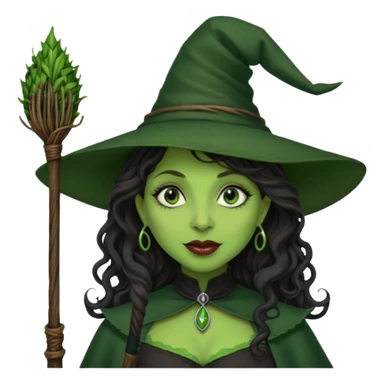 elphaba the wicked witch from wicked movie (cynthia erivo) dark long curly hair, thick lips, green skins, witch hat, witch broom, evil, wicked musical film  sticker