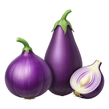 Eggplant beside onion and garlic sticker