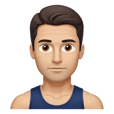 Youthful-looking athletic 40-year-old man with light brown skin, elongated face, defined jawline, attractive features, medium dark eyes, arched eyebrows, straight nose, confident expression, medium wavy dark hair with modern style, wearing a navy blue tank top sticker