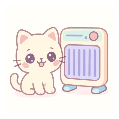 happy kawaii style kitten in front of a heater panel, light background sticker