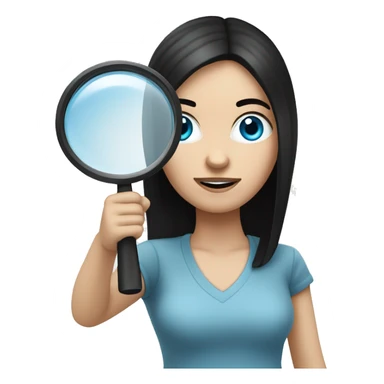 white Girl with black hair and blue eyes playing with magnifying glass sticker
