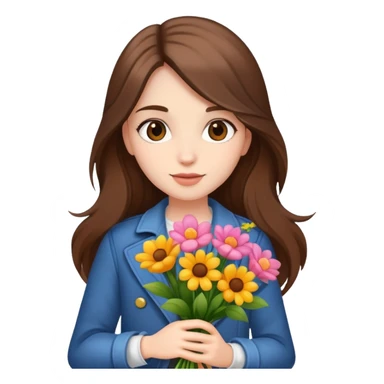 cool girl with long brown hair and fair skin holding a bouquet of flowers, trendy sticker