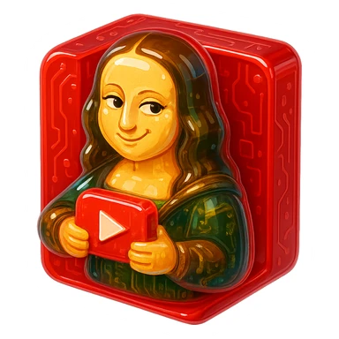 Mona Lisa with a cheeky grin, holding a red YouTube play button, surrounded by a red glossy circuit style box sticker