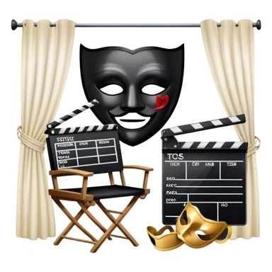 Icon for Acting in Theatre: a stage with curtains, a theater mask, a film camera, and a clapperboard. The design should represent theatrical performance and acting techniques. Transparent background. sticker