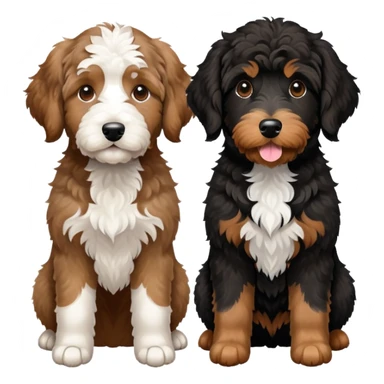 2 dogs: one light brown Aussiedoodle, one all-black Bernedoodle with white eyebrows some white markings, no brown coloring. Both same size. sticker
