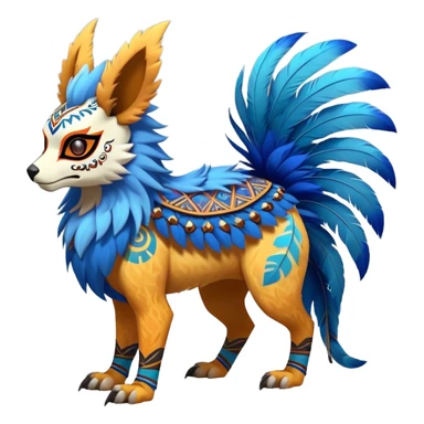 Furry cute colorful exotic tribal feral anime-styled Fakémon-Pokémon-animal-creature with a skull mask, and a feather-mane-collar, and blue feathers, with long furry ears, long furry tail, 4 legs, (full body), with intricate pattern-markings sticker