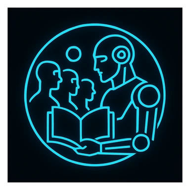 Create a simplified, Tron-blue, high-tech logo inspired by the reference image showing abstract human and robot figures arranged in a circle around a stylized open book at the center. Use glowing neon blue lines and geometric shapes, no text, suitable for a logo design with a futuristic and tech vibe. sticker
