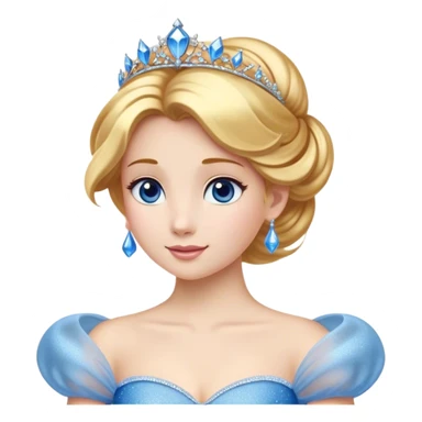 Cinematic Stunning Cinderella Portrait Emoji, Radiant in her sparkling blue ball gown, golden hair in a perfect updo, soft blue eyes full of wonder, glistening tiara, glowing with an ethereal beauty, regal yet kind, a dreamlike aura surrounds her, capturing the essence of a fairy tale princess, elegant and breathtaking! sticker