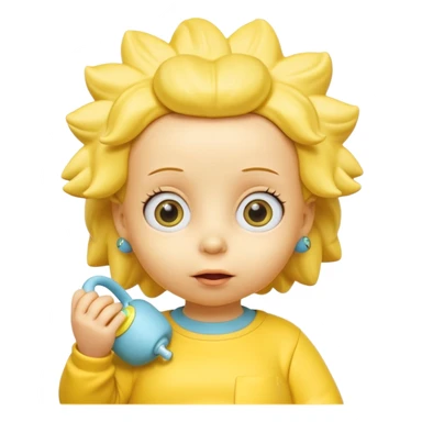 A 3D cartoon baby character yellow skin, styled like Maggie Simpson, with pacifier, yellow onesie, big eyes, smooth shading, Memoji-style rendering, consistent with other yellow Simpsons characters. sticker