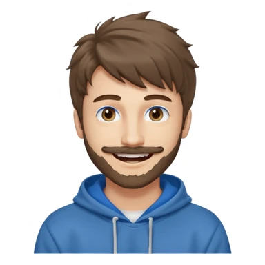 20 year old man, short scruffy beard and thin moustache, brown puffy mullet, blue eyes, big smile, white teeth, big lips, pronounced jaw, hair longer in back, sticking up on top, thin face, grey hooded sweatshirt, blue eyes sticker