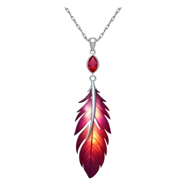 phoenix feather-inspired ruby pendant with cosmic aura, deep red glow, silver chain flowing like water, feather-like textures sticker